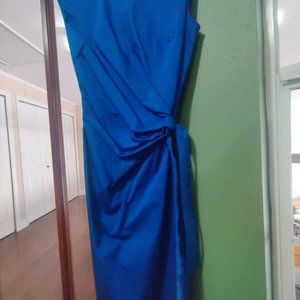 VEUC Sz 10 Tall Capped Sleeve Mock Wrap Royal Blue Sateen Dress.